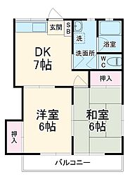 ホワイトキャッスル 202 2階2DKの間取り
