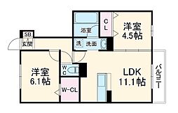サンハイム八社 1階2LDKの間取り