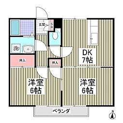 シティハイツブリッジB 2階2DKの間取り