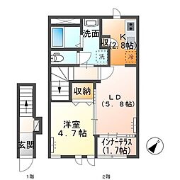 サクシード鹿島谷Ｂ 2階1LDKの間取り