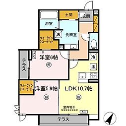 プロスター元山町 1階2LDKの間取り