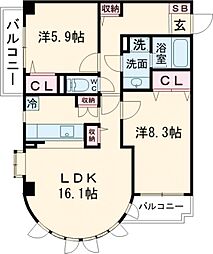 ガーデンコート下馬 5階2LDKの間取り