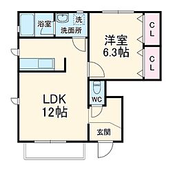 月桂樹の街A棟 1階1LDKの間取り