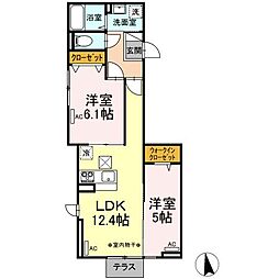 Dフラット台町 1階2LDKの間取り