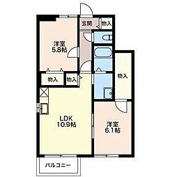 シューペルブ 1階2LDKの間取り