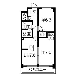 スカイパーク檀渓 3階2DKの間取り