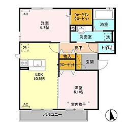 サンボナール 2階2LDKの間取り