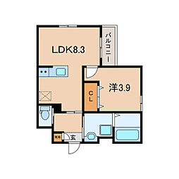 Crecia一宮III 3階1LDKの間取り