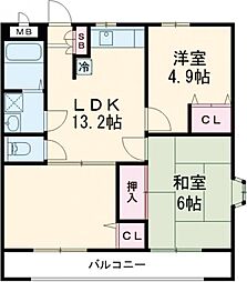 コーポ玉川 2階2LDKの間取り