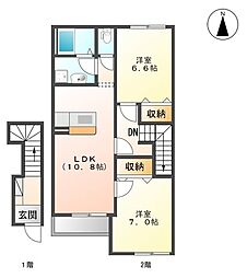 東武伊勢崎線 太田駅 徒歩25分の賃貸アパート 2階2LDKの間取り