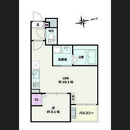 Jack　funamachiII 3階1LDKの間取り