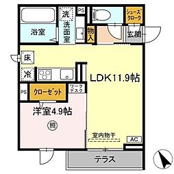 Serenvita　west(セレウィータ　ウェスト) 1階1LDKの間取り