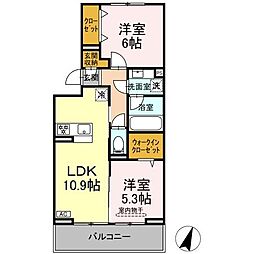 リシェスみのり台　B棟 3階2LDKの間取り