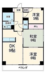 旭丘ハイツ 3階3DKの間取り