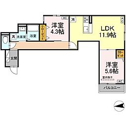 セレスティア六町III 2階2LDKの間取り