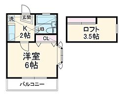 寺尾台コーポ21 2階1Kの間取り