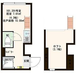 ブリリアント大原 1階ワンルームの間取り