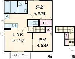 プラムメゾンしあわせ野 2階2LDKの間取り