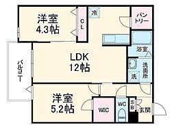 ジーメゾン清須エルシア 2階2LDKの間取り