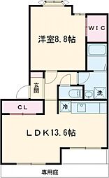 ローズウッド草花 1階1LDKの間取り