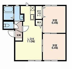 フローラルヒルズD 1階2LDKの間取り