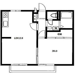 リバーサイド西城 2階1LDKの間取り