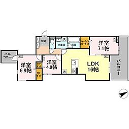 Ｄ−ｒｅｓｉｄｅｎｃｅ稲城 4階3LDKの間取り