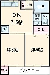 カーサアゼリア 2階2DKの間取り