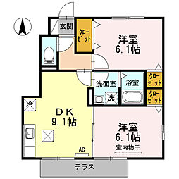 レクシオン神守 1階2DKの間取り