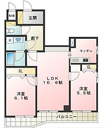 フェリス三鷹 4階2LDKの間取り
