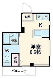 JR南武線 武蔵中原駅 徒歩4分の賃貸マンション 2階ワンルームの間取り