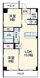 愛知高速東部丘陵線 杁ヶ池公園駅 徒歩15分の賃貸マンション 2階2LDKの間取り