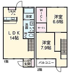 名鉄瀬戸線 三郷駅 徒歩28分の賃貸テラスハウス 1階2LDKの間取り