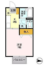 フローラ春日 1階1Kの間取り