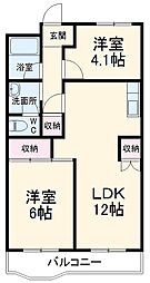 西武池袋線 所沢駅 徒歩10分の賃貸マンション 2階2LDKの間取り
