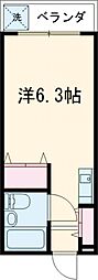 京王線 調布駅 徒歩10分の賃貸マンション 2階ワンルームの間取り