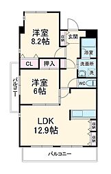 名古屋市営東山線 東山公園駅 徒歩2分の賃貸マンション 6階2LDKの間取り