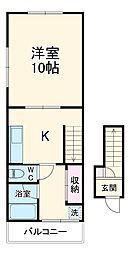 戸川ハイツ 2階1Kの間取り