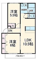 北総鉄道 矢切駅 徒歩11分の賃貸マンション 2階2LDKの間取り