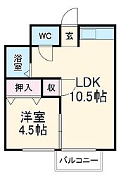 竹美ハイツ 1階1DKの間取り