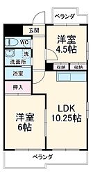 名鉄瀬戸線 矢田駅 徒歩2分の賃貸マンション 4階2LDKの間取り