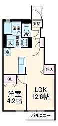 小田急多摩線 五月台駅 徒歩8分の賃貸アパート 1階1LDKの間取り