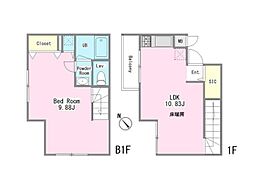 京王線 下高井戸駅 徒歩10分の賃貸マンション 地下1階1LDKの間取り
