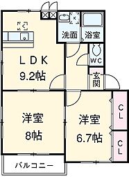 ガイア足門Ｂ棟 2階2LDKの間取り