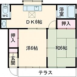 ゴールデンハイツＢ 1階2DKの間取り