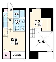 プレンフルIII 2階1Kの間取り