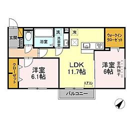 つくばエクスプレス 流山おおたかの森駅 徒歩13分の賃貸アパート 2階2LDKの間取り