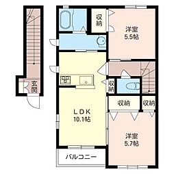 JR両毛線 駒形駅 徒歩22分の賃貸アパート 2階2LDKの間取り