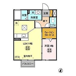 JR常磐線 内原駅 徒歩4分の賃貸アパート 1階1LDKの間取り