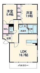 三岐鉄道三岐線 大矢知駅 徒歩16分の賃貸マンション 1階2LDKの間取り
